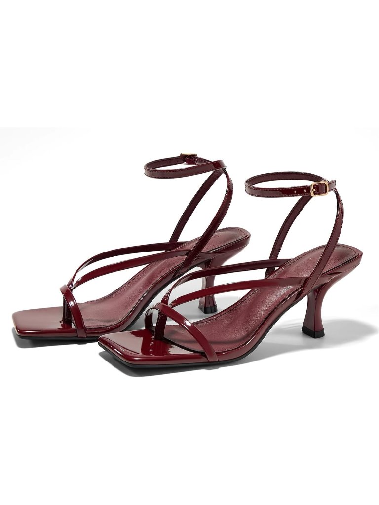 Women's Burgundy Square Toe Lace Up Flip Flop Kitten Heel Ankle Strap Sandals